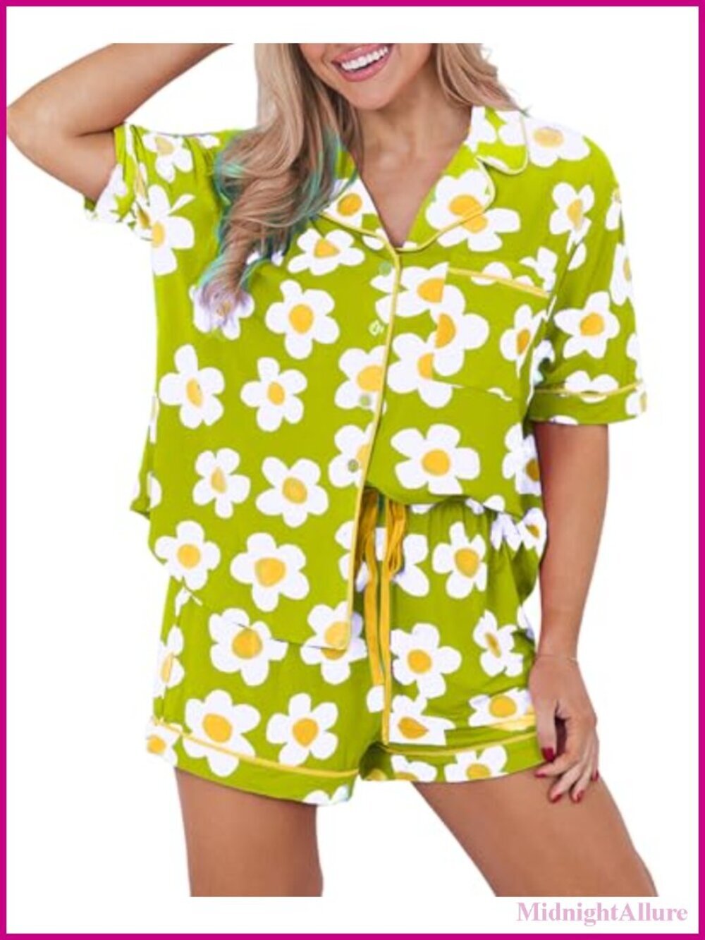 Women Floral Notch Collar 2 Piece PJ Set Short Sleeve Top Drawstring Sleep